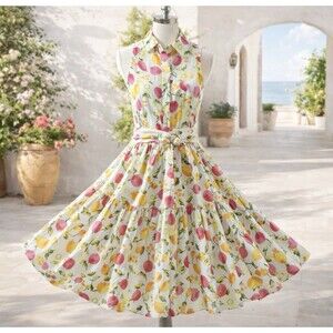 Cynthia Rowley Dress Fruit Print Linen Blend Midi Dress Full Skirt Below Knee 2